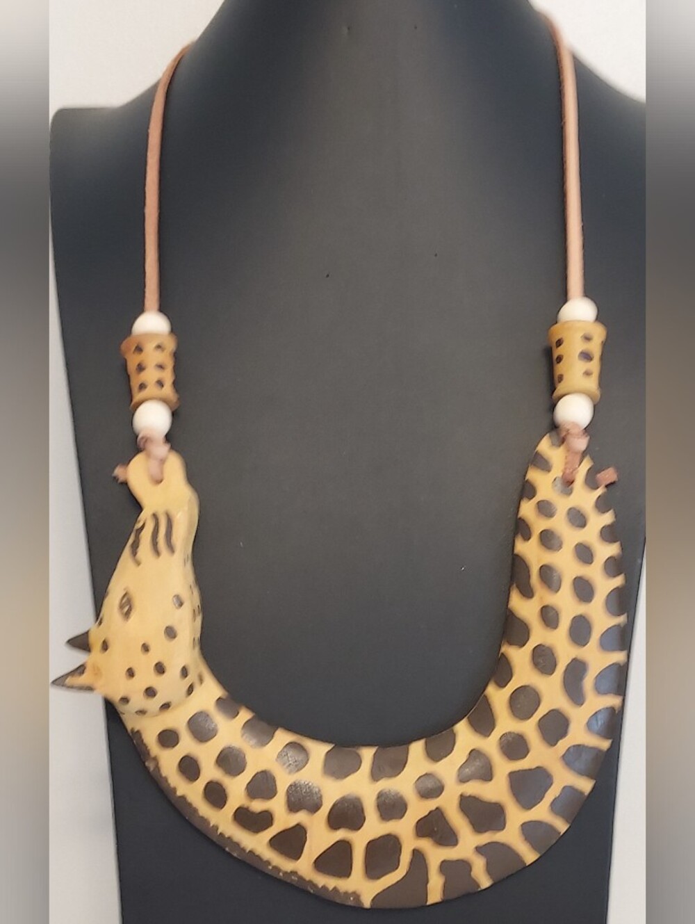 Handcrafted Giraffe Print Statement Necklace in Tan and Brown
